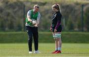 24 March 2022; Assistant coach Dave Gannon with Brittany Hogan during Ireland Women's Rugby squad training at the IRFU High Performance Centre at the Sport Ireland Campus in Dublin. Photo by Brendan Moran/Sportsfile