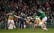 20 March 2022; Gearoid Hegarty of Limerick in action against Jason Sampson, left, and David King of Offaly during the Allianz Hurling League Division 1 Group A match between Limerick and Offaly at TUS Gaelic Grounds in Limerick. Photo by Seb Daly/Sportsfile