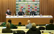 25 March 2022; Manager Stephen Kenny, centre, Seamus Coleman, right, and FAI communications executive Kieran Crowley during a Republic of Ireland press conference at Aviva Stadium in Dublin. Photo by Stephen McCarthy/Sportsfile