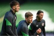 25 March 2022; Nathan Collins, centre, Jimmy Dunne, left, and Jeff Hendrick during a Republic of Ireland training session at Aviva Stadium in Dublin. Photo by Stephen McCarthy/Sportsfile