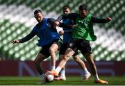 25 March 2022; Alan Browne, left, and Troy Parrott during a Republic of Ireland training session at Aviva Stadium in Dublin. Photo by Stephen McCarthy/Sportsfile