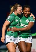 25 March 2022; Brittany Hogan, left, and Linda Djougang before the Ireland Women's Rugby captain's run at the RDS Arena in Dublin. Photo by Seb Daly/Sportsfile