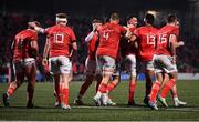 25 March 2022; Munster players celebrate their side's fifth try, scored by Diarmuid Barron, during the United Rugby Championship match between Munster and Benetton at Musgrave Park in Cork. Photo by Piaras Ó Mídheach/Sportsfile