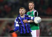 25 March 2022; Glen McAuley of Athlone Town in action against Kevin O'Connor of Cork City during the SSE Airtricity League First Division match between Cork City and Athlone Town at Turners Cross in Cork. Photo by Michael P Ryan/Sportsfile