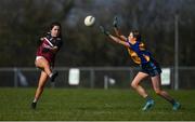 26 March 2022; Emma McIntyre of Loreto College Cavan in action against Hannah Sheehy of Sacred Heart Mayo during the Lidl All Ireland Post Primary School Junior 'A' Championship Final match between Loreto College, Cavan, and Sacred Heart, Mayo, at Curry GAA club in Sligo. Photo by Harry Murphy/Sportsfile