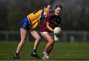 26 March 2022; Sarah Cullivan of Loreto College Cavan in action against Ava Kelly of Sacred Heart Mayo during the Lidl All Ireland Post Primary School Junior 'A' Championship Final match between Loreto College, Cavan, and Sacred Heart, Mayo, at Curry GAA club in Sligo. Photo by Harry Murphy/Sportsfile