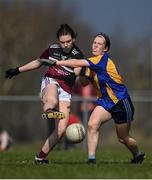 26 March 2022; Kate Fegan of Loreto College Cavan in action against Lisa Hastings of Sacred Heart Mayo during the Lidl All Ireland Post Primary School Junior 'A' Championship Final match between Loreto College, Cavan, and Sacred Heart, Mayo, at Curry GAA club in Sligo. Photo by Harry Murphy/Sportsfile