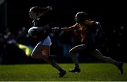 26 March 2022; Kate Fegan of Loreto College Cavan in action against Grace McDonnell of Sacred Heart Mayo during the Lidl All Ireland Post Primary School Junior 'A' Championship Final match between Loreto College, Cavan, and Sacred Heart, Mayo, at Curry GAA club in Sligo. Photo by Harry Murphy/Sportsfile