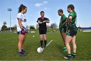 26 March 2022; Referee Kevin Corcoran tosses the coin with captains Eimear Gaffney of Maynooth Education Campus and joint captains Róisín Rahilly and Katie Nix of Mercy Mounthawk before the Lidl All Ireland Post Primary School Junior ‘C’ Championship Final match between Mercy Mounthawk, Kerry and Maynooth Education Campus, Kildare at Duggan Park in Ballinasloe, Galway. Photo by Ray Ryan/Sportsfile