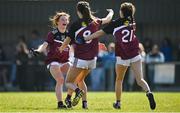 26 March 2022; Loreto College Cavan players, from left, Katie O'Meara, Ellie Brady and Kayla Bartley celebrate after their side's victory in the Lidl All Ireland Post Primary School Junior 'A' Championship Final match between Loreto College, Cavan, and Sacred Heart, Mayo, at Curry GAA club in Sligo. Photo by Harry Murphy/Sportsfile