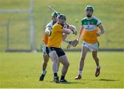 26 March 2022; Ciarán Clarke of Antrim in action against Brian Duignan of Offaly during the Allianz Hurling League Division 1 Relegation Play-off match between Antrim and Offaly at Páirc Tailteann in Navan, Meath. Photo by Daire Brennan/Sportsfile