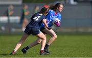 26 March 2022; Kelly McCaffrey of Loreto Convent in action against Blathnaid Lloyd of Presentation Thurles during the Lidl All Ireland Post Primary School Junior ‘B’ Championship Final match between Loreto Convent, Tyrone and Presentation Thurles, Tipperary at Duggan Park in Ballinasloe, Galway. Photo by Ray Ryan/Sportsfile
