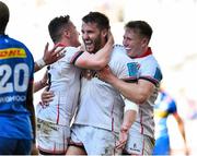 26 March 2022; Stuart McCloskey of Ulster celebrate after scoring a try with teammates Mike Lowry, left, and Stewart Moore, during the United Rugby Championship match between DHL Stormers and Ulster at Cape Town Stadium in Cape Town, South Africa. Photo by Ashley Vlotman/Sportsfile
