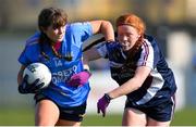 26 March 2022; Gráinne Cassidy of Loreto Convent in action against Caitlin Shelly of Presentation Thurles during the Lidl All Ireland Post Primary School Junior ‘B’ Championship Final match between Loreto Convent, Tyrone and Presentation Thurles, Tipperary at Duggan Park in Ballinasloe, Galway. Photo by Ray Ryan/Sportsfile