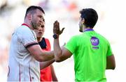 26 March 2022; Ulster captain Alan O'Connor in conversation with Referee Gianlucu Gnecchi during the United Rugby Championship match between DHL Stormers and Ulster at Cape Town Stadium in Cape Town, South Africa. Photo by Ashley Vlotman/Sportsfile