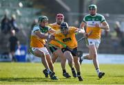 26 March 2022; Ciarán Clarke of Antrim in action against David King of Offaly during the Allianz Hurling League Division 1 Relegation Play-off match between Antrim and Offaly at Páirc Tailteann in Navan, Meath. Photo by Daire Brennan/Sportsfile