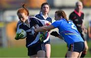 26 March 2022; Ciara Shelly of Presentation Thurles in action against Hannah McCarney of Loreto Convent during the Lidl All Ireland Post Primary School Junior ‘B’ Championship Final match between Loreto Convent, Tyrone and Presentation Thurles, Tipperary at Duggan Park in Ballinasloe, Galway. Photo by Ray Ryan/Sportsfile