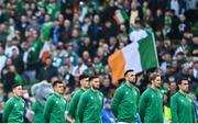 26 March 2022; The Republic of Ireland team stand for the National Anthem before the international friendly match between Republic of Ireland and Belgium at the Aviva Stadium in Dublin. Photo by Eóin Noonan/Sportsfile