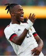26 March 2022; Michy Batshuayi of Belgium celebrates after scoring his side's first goal during the international friendly match between Republic of Ireland and Belgium at the Aviva Stadium in Dublin. Photo by Michael P Ryan/Sportsfile