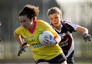 26 March 2022; Erin Harvey of Loreto Convent in action against Grace Flanagan of Presentation Thurles during the Lidl All Ireland Post Primary School Junior ‘B’ Championship Final match between Loreto Convent, Tyrone and Presentation Thurles, Tipperary at Duggan Park in Ballinasloe, Galway. Photo by Ray Ryan/Sportsfile