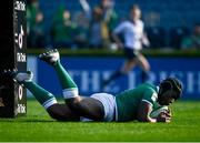 26 March 2022; Linda Djougang of Ireland scores her side's second try during the TikTok Women's Six Nations Rugby Championship match between Ireland and Wales at RDS Arena in Dublin. Photo by David Fitzgerald/Sportsfile