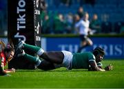 26 March 2022; Linda Djougang of Ireland scores her side's second try during the TikTok Women's Six Nations Rugby Championship match between Ireland and Wales at RDS Arena in Dublin. Photo by David Fitzgerald/Sportsfile