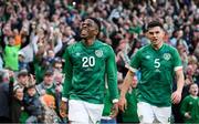 26 March 2022; Chiedozie Ogbene of Republic of Ireland celebrates with John Egan, after scoring his side's first goal during the international friendly match between Republic of Ireland and Belgium at the Aviva Stadium in Dublin. Photo by Stephen McCarthy/Sportsfile