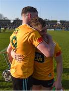 26 March 2022; Keelan Molloy, left, and Conor Johnston of Antrim celebrate after the Allianz Hurling League Division 1 Relegation Play-off match between Antrim and Offaly at Páirc Tailteann in Navan, Meath. Photo by Daire Brennan/Sportsfile