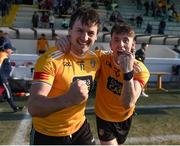 26 March 2022; Domhnall Nugent, left, and James McNaughton of Antrim celebrate after the Allianz Hurling League Division 1 Relegation Play-off match between Antrim and Offaly at Páirc Tailteann in Navan, Meath. Photo by Daire Brennan/Sportsfile