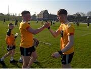 26 March 2022; Keelan Molloy, left, and James McNaughton of Antrim celebrate after the Allianz Hurling League Division 1 Relegation Play-off match between Antrim and Offaly at Páirc Tailteann in Navan, Meath. Photo by Daire Brennan/Sportsfile