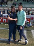 26 March 2022; Offaly manager Michael Fennelly shakes hands with Antrim manager Darren Gleeson after the Allianz Hurling League Division 1 Relegation Play-off match between Antrim and Offaly at Páirc Tailteann in Navan, Meath. Photo by Daire Brennan/Sportsfile