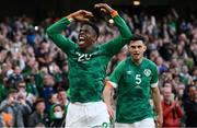 26 March 2022; Chiedozie Ogbene of Republic of Ireland celebrates after scoring his side's first goal during the international friendly match between Republic of Ireland and Belgium at the Aviva Stadium in Dublin. Photo by Stephen McCarthy/Sportsfile