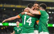 26 March 2022; Alan Browne of Republic of Ireland celebrates with teammates Callum Robinson, centre, and Ryan Manning, after scoring his side's second goal during the international friendly match between Republic of Ireland and Belgium at the Aviva Stadium in Dublin. Photo by Stephen McCarthy/Sportsfile