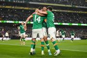 26 March 2022; Alan Browne of Republic of Ireland celebrates with teammates Callum Robinson, centre, and Ryan Manning, after scoring his side's second goal during the international friendly match between Republic of Ireland and Belgium at the Aviva Stadium in Dublin. Photo by Stephen McCarthy/Sportsfile