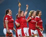 26 March 2022; Ffion Lewis, centre, and Alex Callender of Wales celebrate after the TikTok Women's Six Nations Rugby Championship match between Ireland and Wales at RDS Arena in Dublin. Photo by David Fitzgerald/Sportsfile