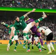 26 March 2022; Shane Duffy of Republic of Ireland after a collision with Thorgan Hazard of Belgium during the international friendly match between Republic of Ireland and Belgium at the Aviva Stadium in Dublin. Photo by Stephen McCarthy/Sportsfile