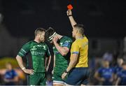 26 March 2022; Tom Daly of Connacht, centre, receives a red card from referee Chris Busby during the United Rugby Championship match between Connacht and Leinster at the Sportsground in Galway. Photo by Harry Murphy/Sportsfile