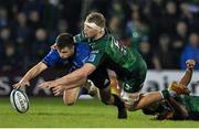 26 March 2022; Luke McGrath of Leinster and Cian Prendergast of Connacht jump on a loose ball during the United Rugby Championship match between Connacht and Leinster at the Sportsground in Galway. Photo by Harry Murphy/Sportsfile