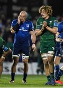 26 March 2022; Cian Prendergast of Connacht celebrates a turnover as Rhys Ruddock of Leinster reacts during the United Rugby Championship match between Connacht and Leinster at the Sportsground in Galway. Photo by Harry Murphy/Sportsfile