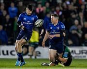 26 March 2022; Rory O'Loughlin of Leinster offloads to teammate Chris Cosgrave during the United Rugby Championship match between Connacht and Leinster at the Sportsground in Galway. Photo by Harry Murphy/Sportsfile