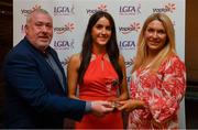 26 March 2022; Maria McKenna of Ulster University receives her Yoplait Rising Stars 2022 award from Deirdre Lowry, Brand Manager Yoplait Ireland, and Daniel Caldwell, Chairperson Ladies HEC, at the 2022 Yoplait HEC All Stars evening, at the Croke Park Hotel, Dublin. Photo by Ray McManus/Sportsfile