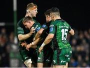26 March 2022; John Porch of Connacht, second left, celebrates a penalty with teammates during the United Rugby Championship match between Connacht and Leinster at the Sportsground in Galway. Photo by Harry Murphy/Sportsfile
