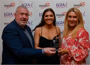26 March 2022; Roisin Dunphy of MTU Cork receives her Yoplait Rising Stars 2022 award from Deirdre Lowry, Brand Manager Yoplait Ireland, and Daniel Caldwell, Chairperson Ladies HEC, at the 2022 Yoplait HEC All Stars evening, at the Croke Park Hotel, Dublin. Photo by Ray McManus/Sportsfile