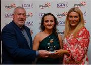 26 March 2022; Bronagh Quinn of GMIT Mayo receives her Yoplait Rising Stars 2022 award from Deirdre Lowry, Brand Manager Yoplait Ireland, and Daniel Caldwell, Chairperson Ladies HEC, at the 2022 Yoplait HEC All Stars evening, at the Croke Park Hotel, Dublin. Photo by Ray McManus/Sportsfile