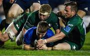 26 March 2022; David Hawkshaw of Leinster scores his side's second try despite the tackle of Niall Murray and Jack Carty of Connacht during the United Rugby Championship match between Connacht and Leinster at the Sportsground in Galway. Photo by Harry Murphy/Sportsfile