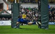 26 March 2022; Luke McGrath of Leinster dives over to score his side's third try during the United Rugby Championship match between Connacht and Leinster at the Sportsground in Galway. Photo by Harry Murphy/Sportsfile