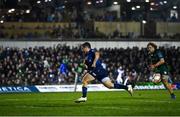 26 March 2022; Luke McGrath of Leinster on his way to scoring his side's third try during the United Rugby Championship match between Connacht and Leinster at the Sportsground in Galway. Photo by Harry Murphy/Sportsfile