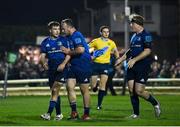 26 March 2022; Luke McGrath of Leinster, left, celebrates after scoring his side's third try with teammates Ed Byrne and James Tracy during the United Rugby Championship match between Connacht and Leinster at the Sportsground in Galway. Photo by Harry Murphy/Sportsfile