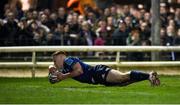 26 March 2022; Ciarán Frawley of Leinster dives over to score his side's fourth try during the United Rugby Championship match between Connacht and Leinster at the Sportsground in Galway. Photo by Harry Murphy/Sportsfile