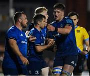 26 March 2022; Luke McGrath of Leinster, second left, celebrates after scoring his side's third try with teammates including Joe McCarthy during the United Rugby Championship match between Connacht and Leinster at the Sportsground in Galway. Photo by Harry Murphy/Sportsfile